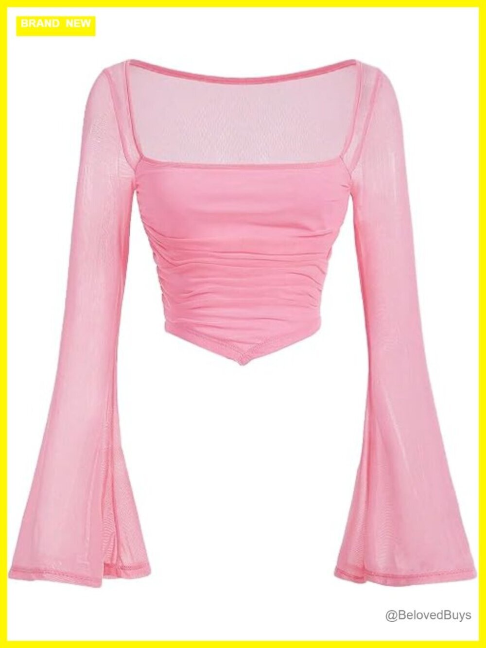 Women's Crop Top Square Neck Long Sleeve Asymmetrical Hem Mesh